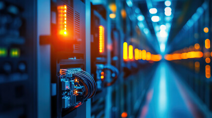 High-tech data center with glowing servers and cables, showcasing modern computing infrastructure and digital technology.