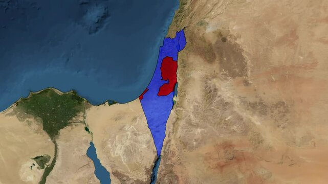 Zoom from Earth to Israel - Palestine. (Country Flag) World map animation with highlighted borders of countries. Images from NASA