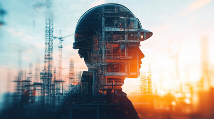 Silhouette of a construction worker wearing a helmet, with a cityscape in the background showcasing modern construction.