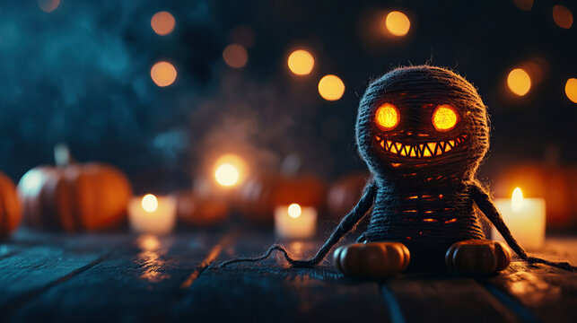 Spooky Halloween decoration featuring a creepy doll with glowing eyes and pumpkins, creating an eerie atmosphere.