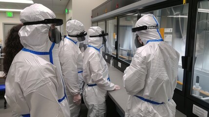 Team of Scientists in Full PPE Conducting Lab Work