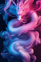 Colorful digital illustration of a mythical dragon surrounded by wisps of smoke.