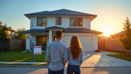 Young couple standing in front of their new home at sunset, contemplating their future together.
