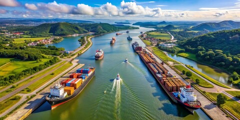 Aerial View of Cargo Ships Navigating the Panama Canal, Panama Canal, Cargo Ships, Shipping