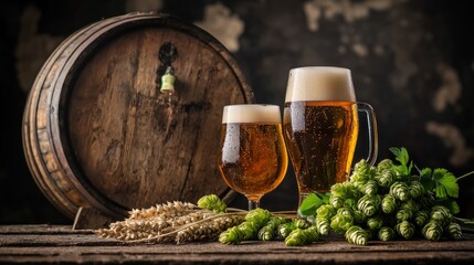 Oktoberfest beer barrel and beer glasses with wheat and hops on wooden table