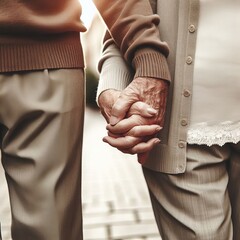 Elderly couple holding hands and walking 