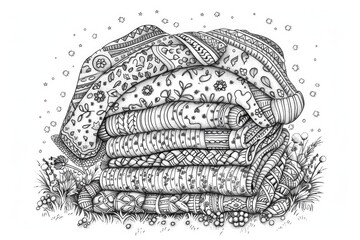Coloring book illustration of a cozy stack of knitted garments