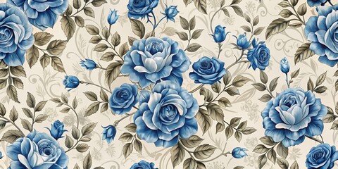Blue Rose Floral Seamless Pattern - Watercolor Illustration, Floral Design, Flower Wallpaper, Floral Pattern, Rose, Pattern, Background