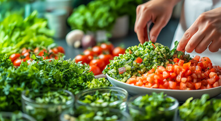 Obraz premium Close-up of Fresh Salad Preparation with Chopped Vegetables in a Modern Kitchen 