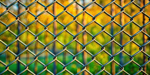 Fototapeta premium Chain Link Fence with Blurred Green and Yellow Background, fence, mesh, diamond