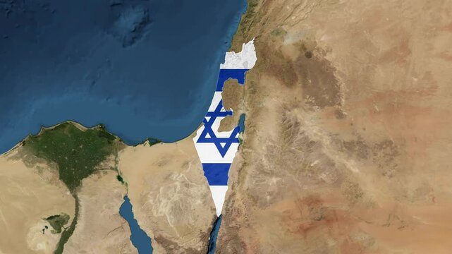 Zoom from Earth to Israel. (Country Flag) High quality world map animation with country borders highlighted. Images from NASA