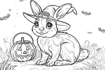 Coloring book illustration of a cute rabbit wearing a Halloween hat with a pumpkin lantern