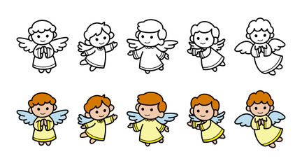 Cute cartoon angel character set, various poses, perfect for Christmas card, religious themed, cute hand drawn illustration.