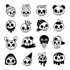 Cute and quirky skull designs collection, graffiti and playful elements, funny halloween characters with spooky cute twist.