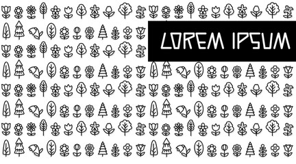 Seamless nature pattern with flowers, trees, and leaves in minimalistic style, clean black and white line work for banner, background.