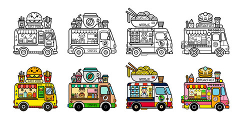 Food trucks illustration with various cuisines in cute doodle style, fast food, coffee, noodles and breakfast, kawaii outlines.
