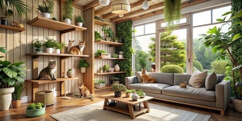Fototapeta premium Cozy Cat-Filled Living Room with Greenery, 3D Render, Interior Design, Cats, Plants, Natural Light, Green