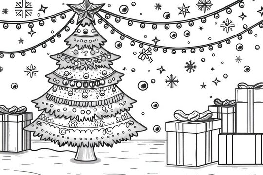 Coloring book illustration of a festive holiday scene featuring a decorated Christmas tree sparkling lights and gift boxes with blank space for customization