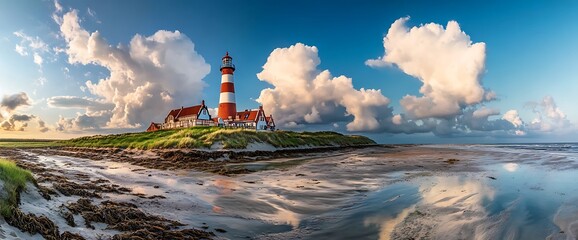 Red and white lighthouse on a grassy island with blue sky and white clouds.