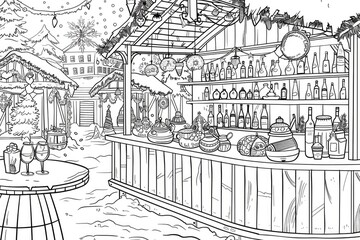 Coloring book illustration of a festive market featuring a mulled wine stall during holiday celebrations