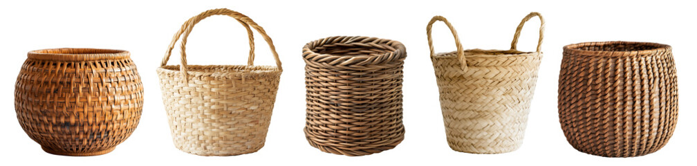 Set of rustic empty bamboo wicker rattan straw weave woven storage basket on transparent background cutout, PNG file. Front view Many assorted different design. Mockup template for artwork