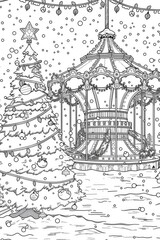 Coloring book illustration of a festive scene featuring a decorated tree and a spinning carousel surrounded by snowfall and sparkling lights