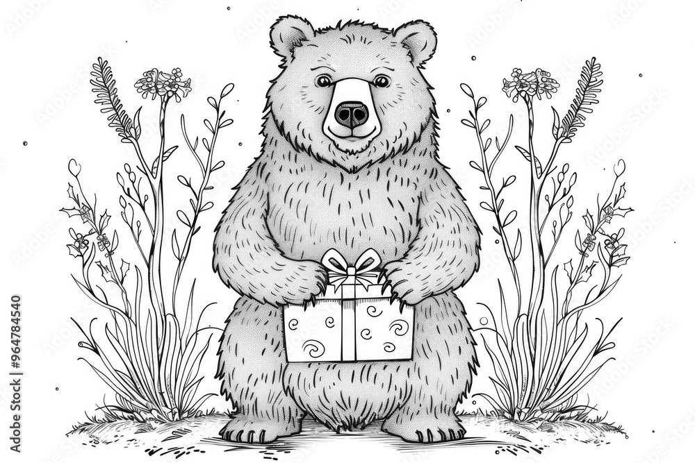 Wall mural Coloring book illustration of a bear holding a present