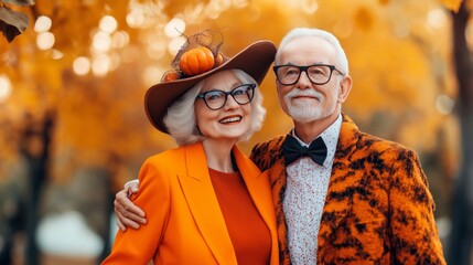 senior couple in vibrant orange halloween costumes with autumn leaves background. festive and cheerful atmosphere
