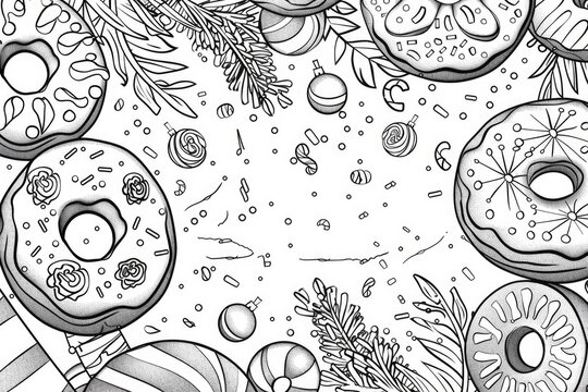 Coloring book illustration of a festive holiday background featuring traditional donuts and decorative elements Banner design with space for customization