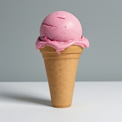 Pink soft serve ice cream in a cone on white background..
