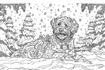 Coloring book illustration of a dog made of ceramic in a snowy scene