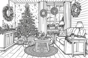 Fototapeta premium Coloring book illustration of a cozy home interior featuring Christmas wreaths and a Christmas tree Festive designs for winter holiday celebrations