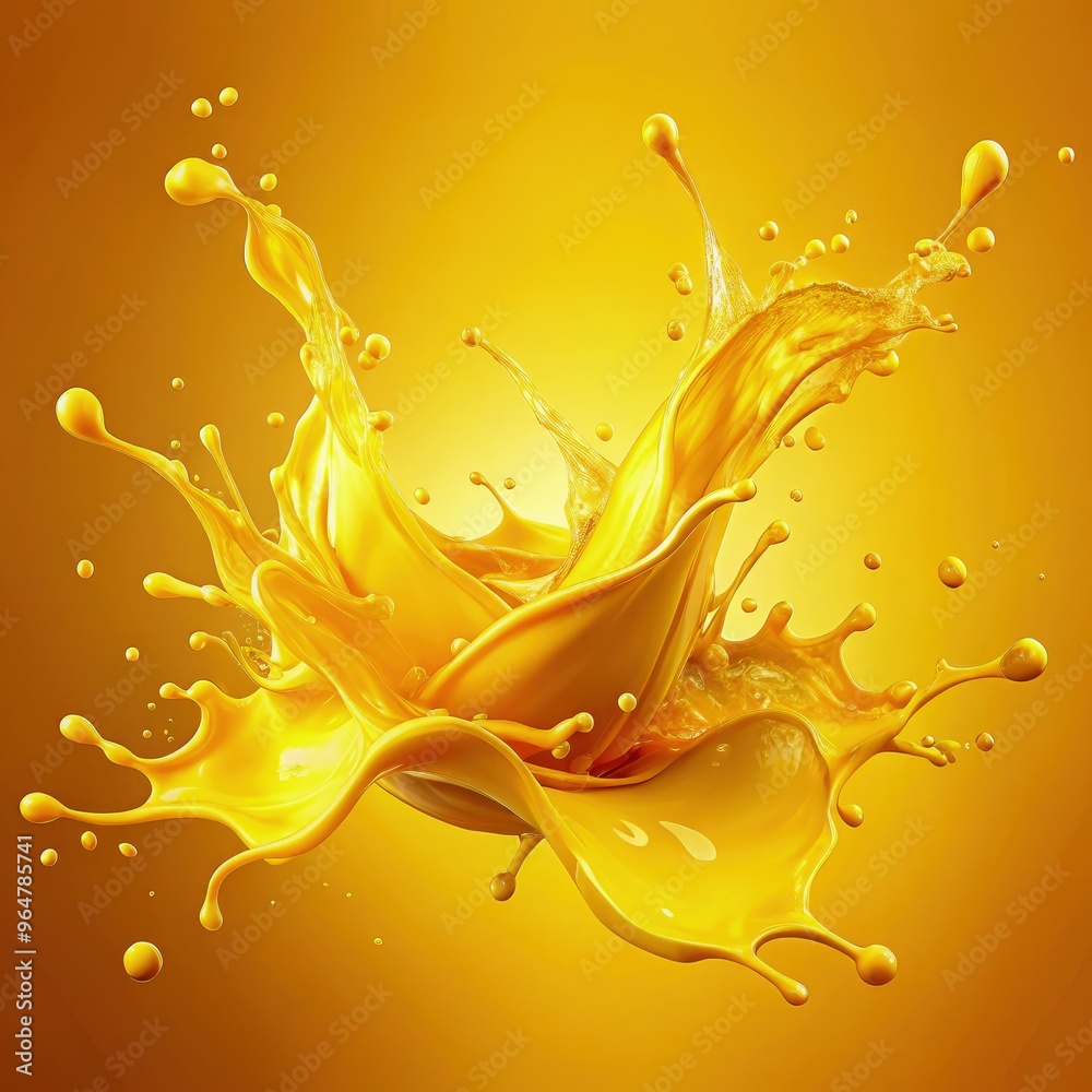 Poster Bright yellow splashes create dynamic patterns against a warm golden backdrop. Generative AI