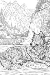 Naklejka premium Coloring book illustration of a beautiful dark red mongrel dog lying near a waterfall enjoying the moment with its eyes closed while surrounded by a scenic mountainous landscape by a river