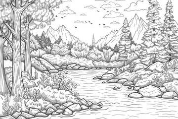 Obraz premium Coloring book illustration of a beautiful forest landscape in autumn