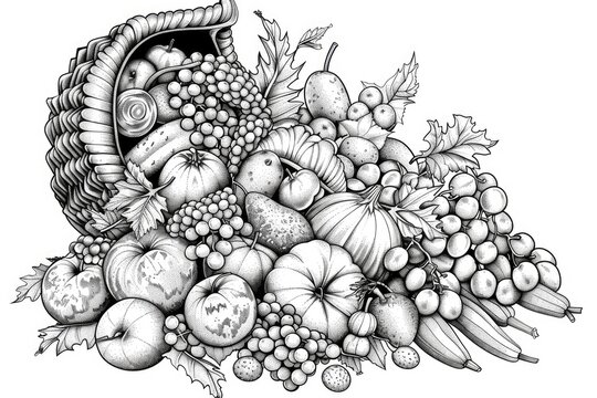 recommend clip art: Coloring book illustration of a Cornucopia brimming with Fruits and Vegetables outline coloring page Fall harvest themed hand drawn coloring design