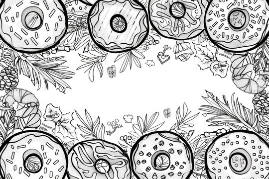 Coloring book illustration of a festive holiday background featuring traditional donuts and decorative elements Banner design with space for customization