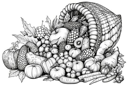 black and white cornucopia of harvest fruits clip art preview