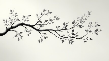 Black and white illustration of a tree branch with leaves on a light background, minimalistic art concept
