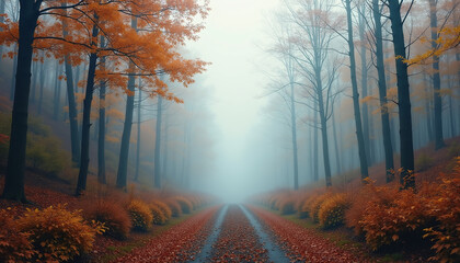 Foggy autumn forest scene with vibrant foliage and an open central area perfect for inspirational quotes or promotional text placement in nature-themed designs. Post-Impressionism. Serene