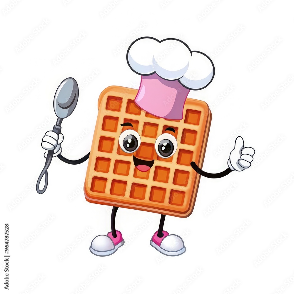 Wall mural cheerful waffle with a chef hat and fork in a whimsical scene. generative ai