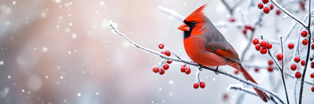 Red cardinal bird on a frosty tree branch with snow red berries in winter, Holiday and Christmas web banner with copy space