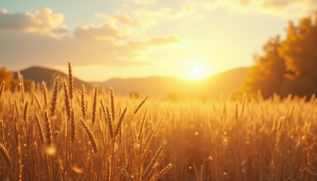 Autumn wheat field with golden hues and a wide open center perfect for placing inspirational quotes or seasonal promotional text in nature designs. Retro. Serene