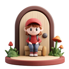 A cute character sits at a whimsical door, surrounded by colorful mushrooms and vibrant plants, perfect for children's projects. 3d render