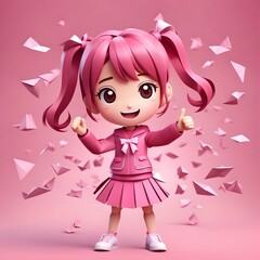 A pink-clad, pink-haired anime girl with ponytails giving thumbs up while standing among flying paper birds in a whimsical and joyful scene.