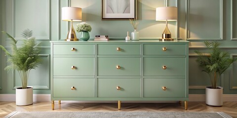 Mint Green Dresser with Gold Accents, Lamps, and Plants in a Chic Interior, dresser, home decor, interior design