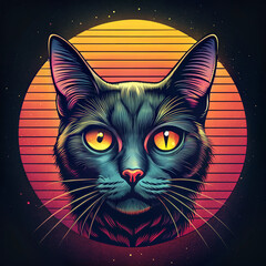 Obraz premium Colorful stylized cat head illustration with vibrant colors and retro background design featuring a sunset