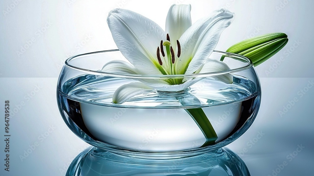 Poster   Flower reflection in water bowl, blue background