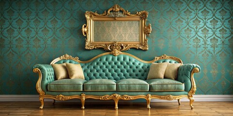 Ornate Green Velvet Sofa with Gilded Frame Against Damask Wallpaper, Gold, Interior Design, Luxury