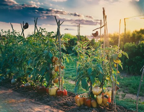 Vegetable garden with tomato plants, puffy clouds during a spring day.
